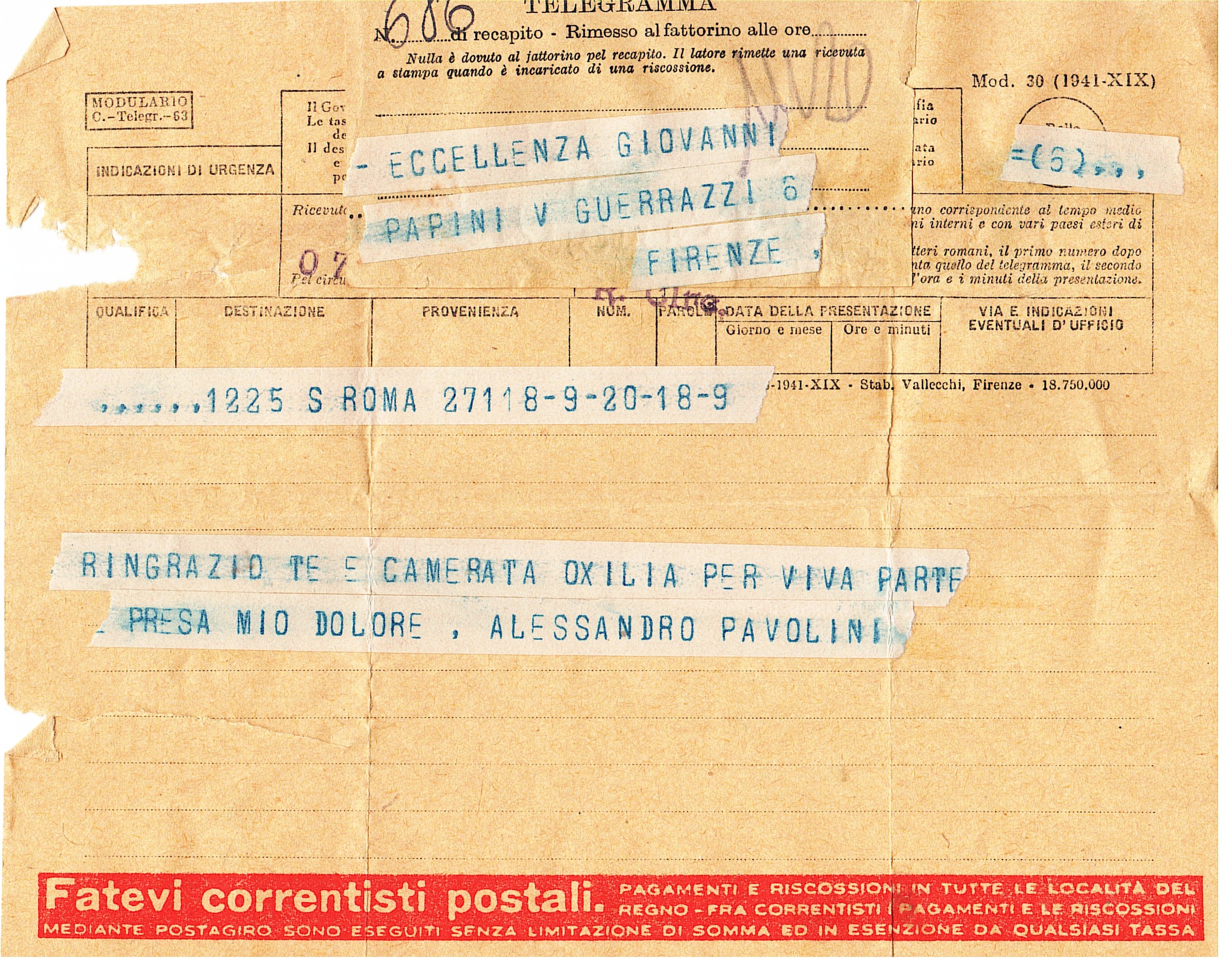 Telegramma postale allo scrittore Giovanni Papini a Firenze