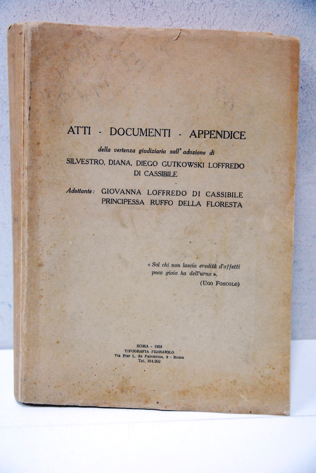 atti documenti appendice della vertenza giudiziaria sull'adozione di silvestro diana …
