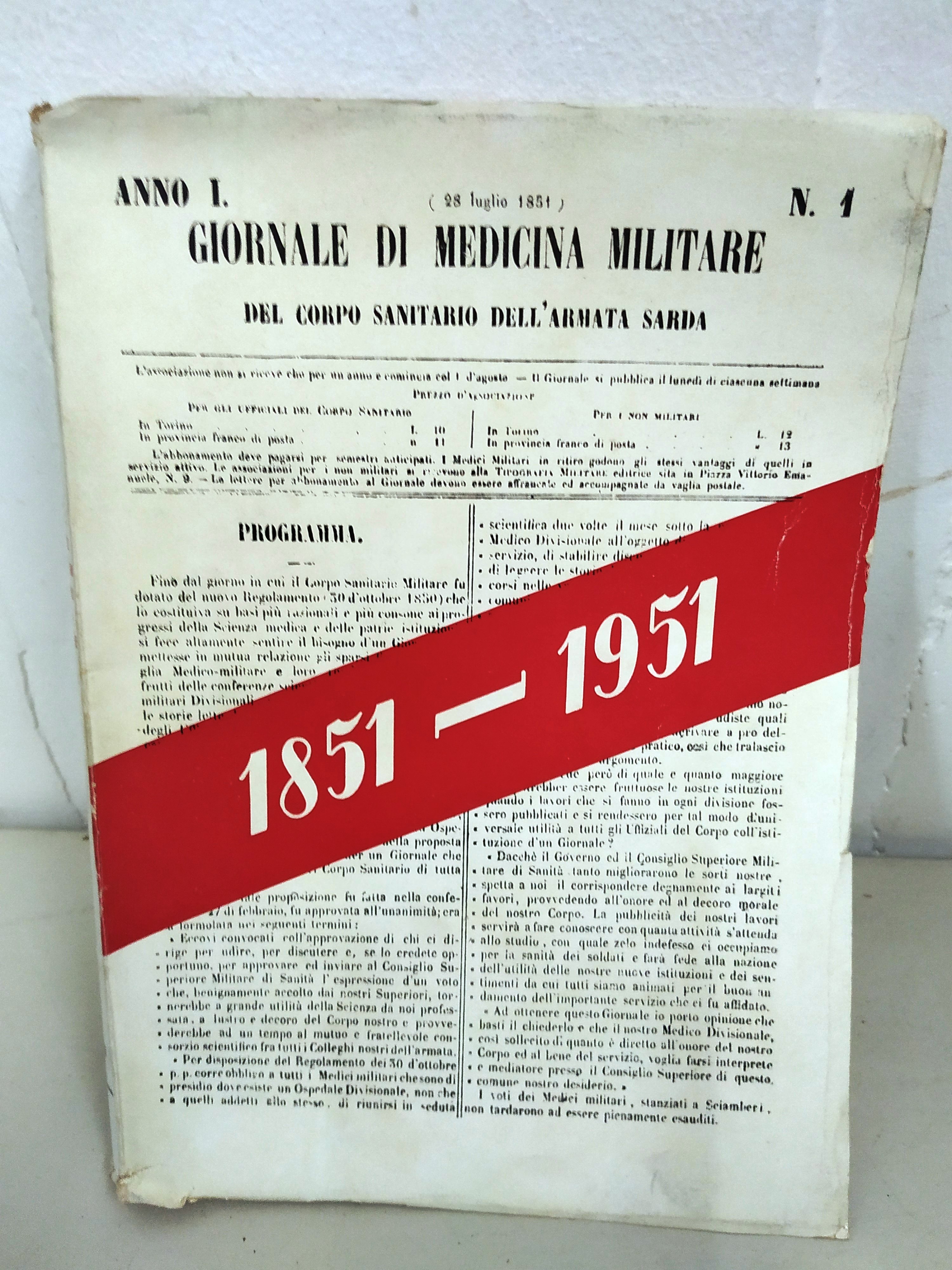 giornale di medicina militare del corpo sanitario dell'armata sarda 1851-1951