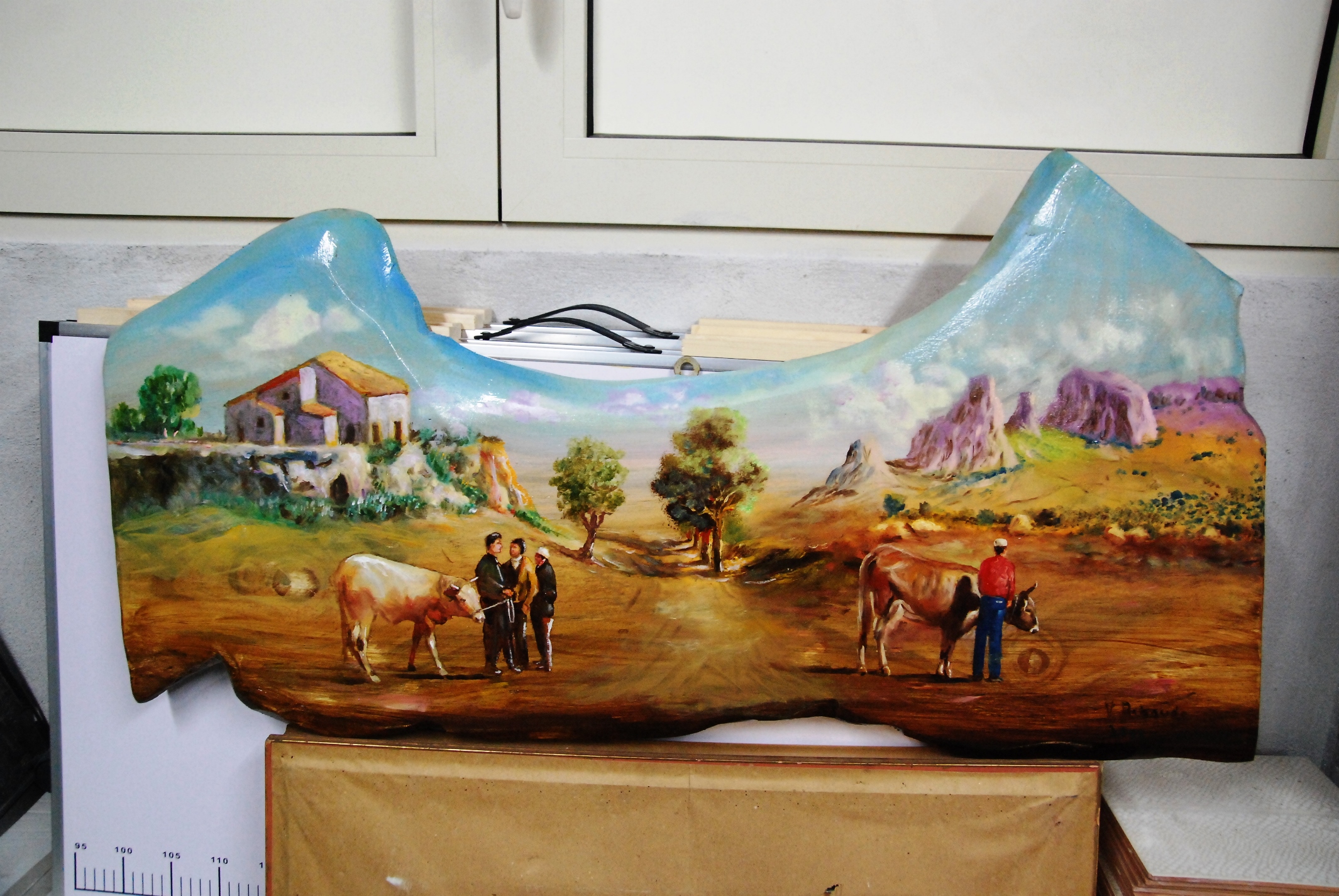 quadro su legno scena agreste con contadini