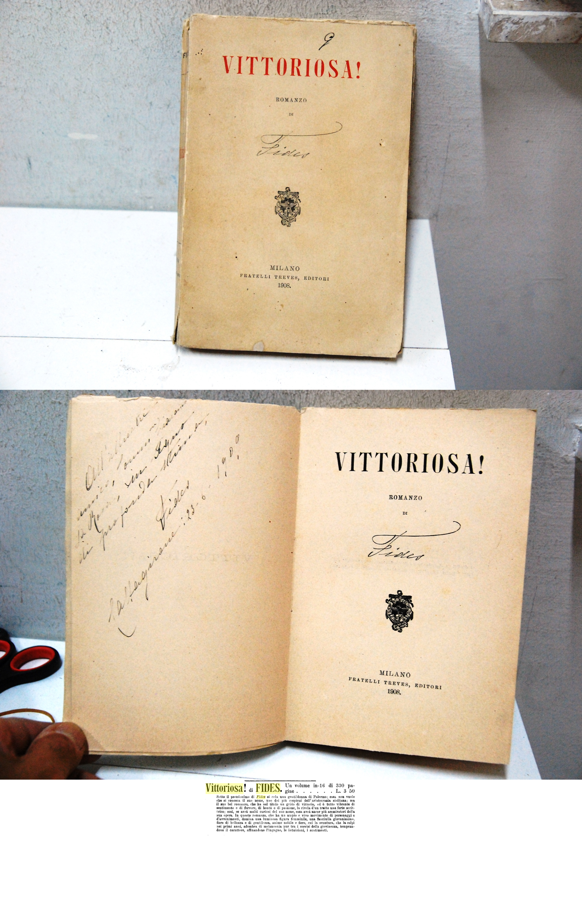 vittoriosa romanzo con dedica e firma autografa (sotto lo pseudonimo …