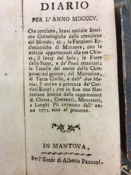 DIARIO PER L'ANNO MDCCCV (1805). - Che contiene, brevi notizie …