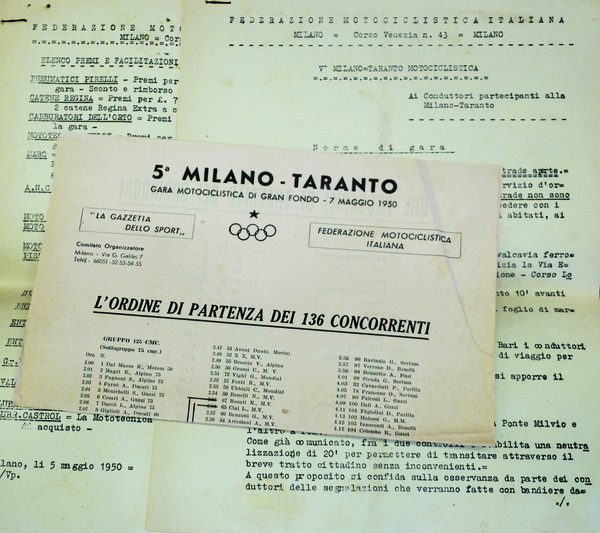 V (QUINTA) MILANO-TARANTO. GARA MOTOCICLISTICA. - Federaz. Motociclistica Italiana.