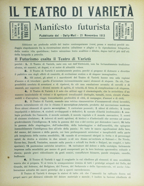IL TEATRO DI VARIETA'. MANIFESTO FUTURISTA. - Pubblicato dal Daily-Mail …