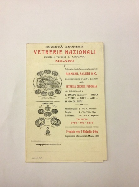 SOCIEA' ANONIMA VETRERIE NAZIONALI - MILANO. - Rilevataria delle premiate …