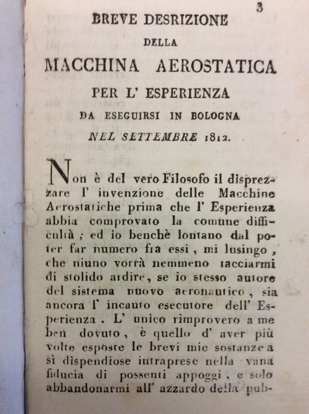 BREVE DESRIZIONE(SIC) DELLA MACCHINA AEROSTATICA PER L'ESPERIENZA DA ESEGUIRSI IN …
