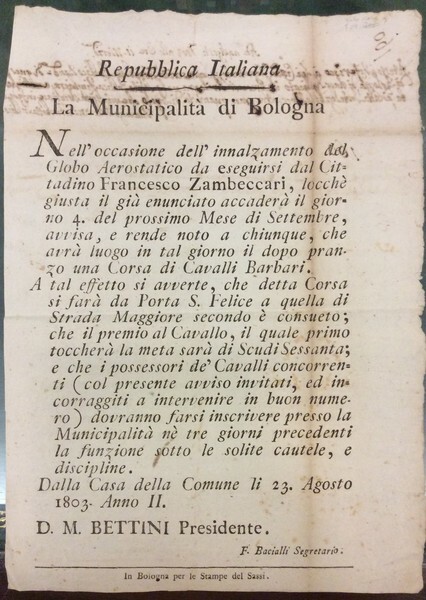 REPUBBLICA ITALIANA. LA MUNICIPALITA' DI BOLOGNA NELL'OCCASIONE DELL'INNALZAMENTO DEL GLOBO …