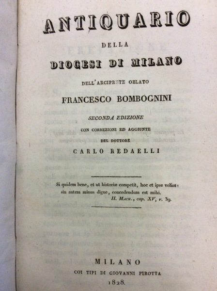 ANTIQUARIO DELLA DIOCESI DI MILANO. - Seconda edizione con correzioni …