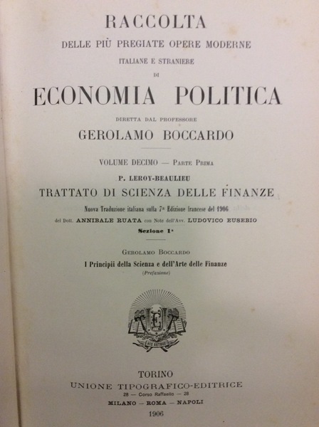 TRATTATO DI SCIENZA DELLE FINANZE / I PRINCIPII DELLA SCIENZA …
