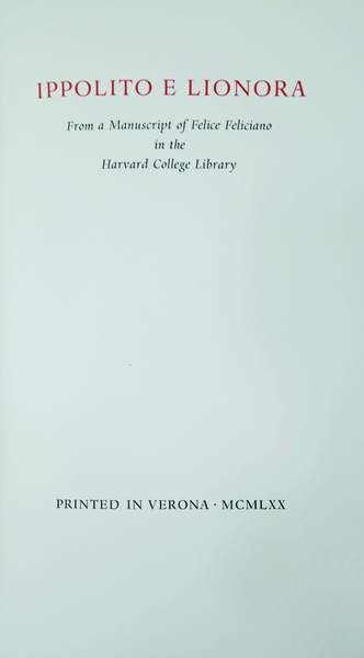 IPPOLITO E LIONORA. - From a Manuscript of Felice Feliciano …