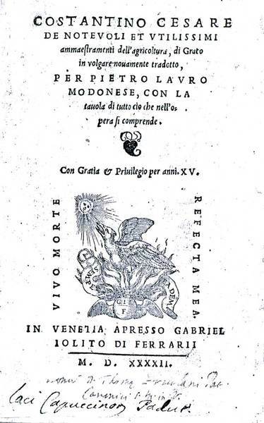 DE NOTEVOLI ET UTILISSIMI AMMAESTRAMENTI DELL'AGRICOLTURA. - Di greco in …