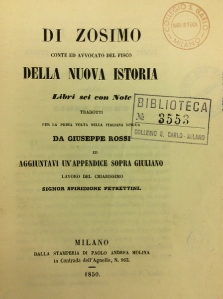 DI ZOSIMO, CONTE ED AVVOCATO DEL FISCO, DELLA NUOVA ISTORIA. …