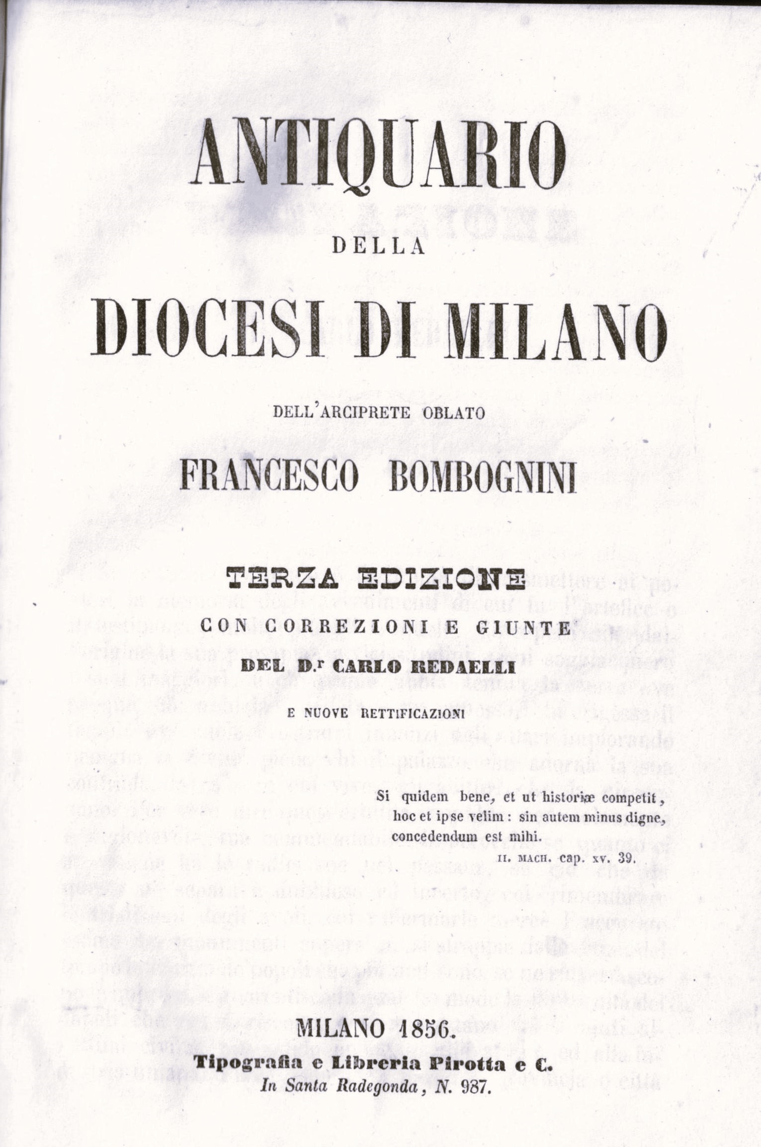 ANTIQUARIO DELLA DIOCESI DI MILANO. - Terza Edizione con correzioni …