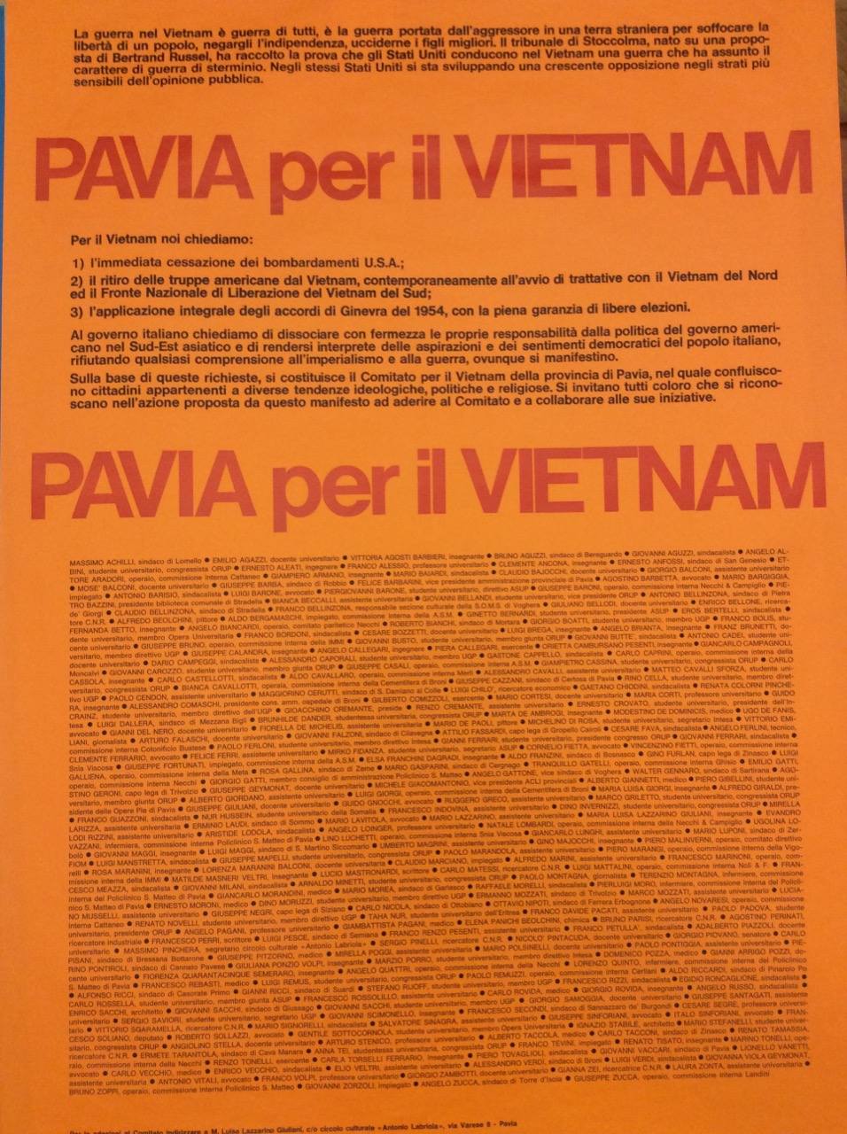 APPELLO DEL COMITATO "PAVIA PER IL VIETNAM".