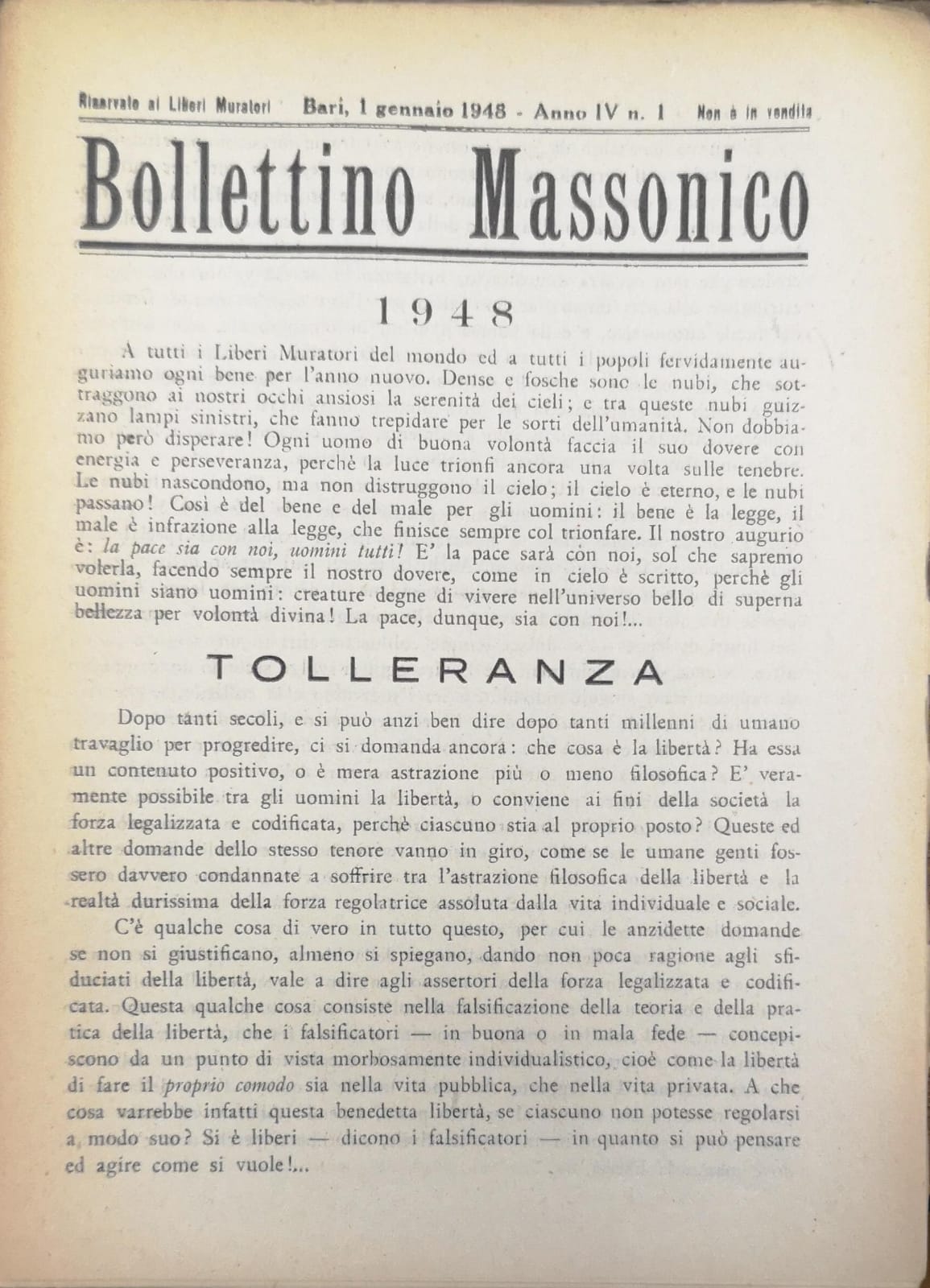 BOLLETTINO MASSONICO. 1948 - ANNO IV. - Riservato ai Liberi …