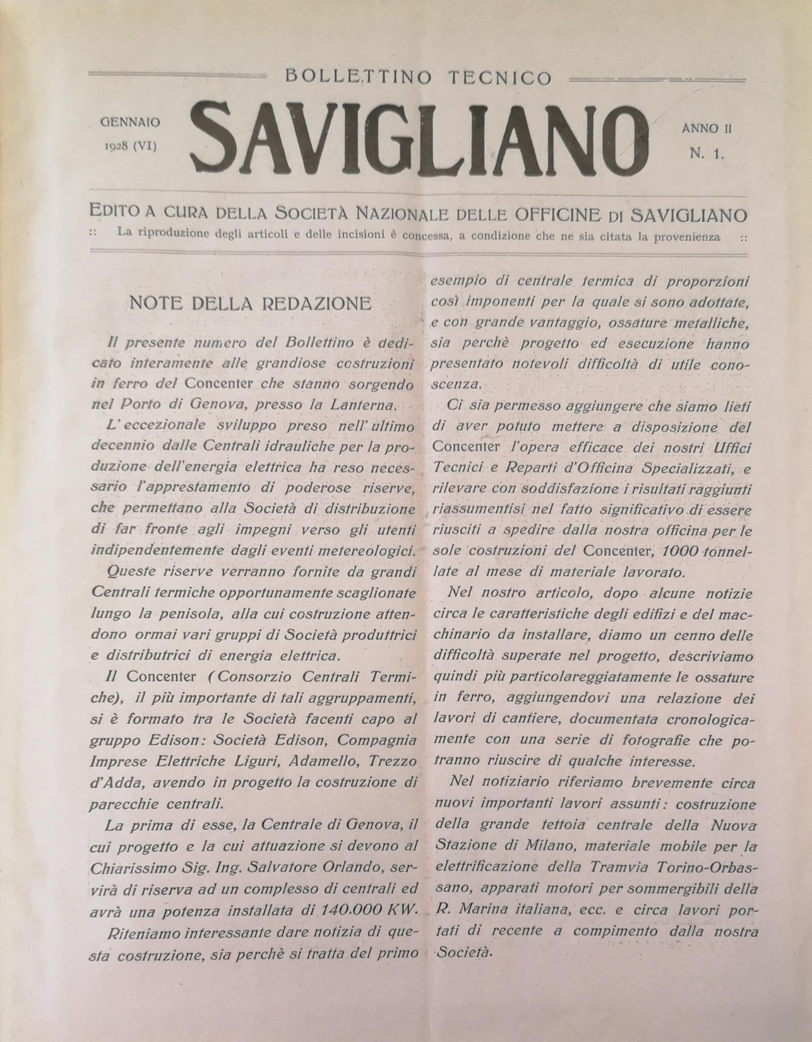 BOLLETTINO TECNICO SAVIGLIANO. - Edito a cura della Società Nazionale …