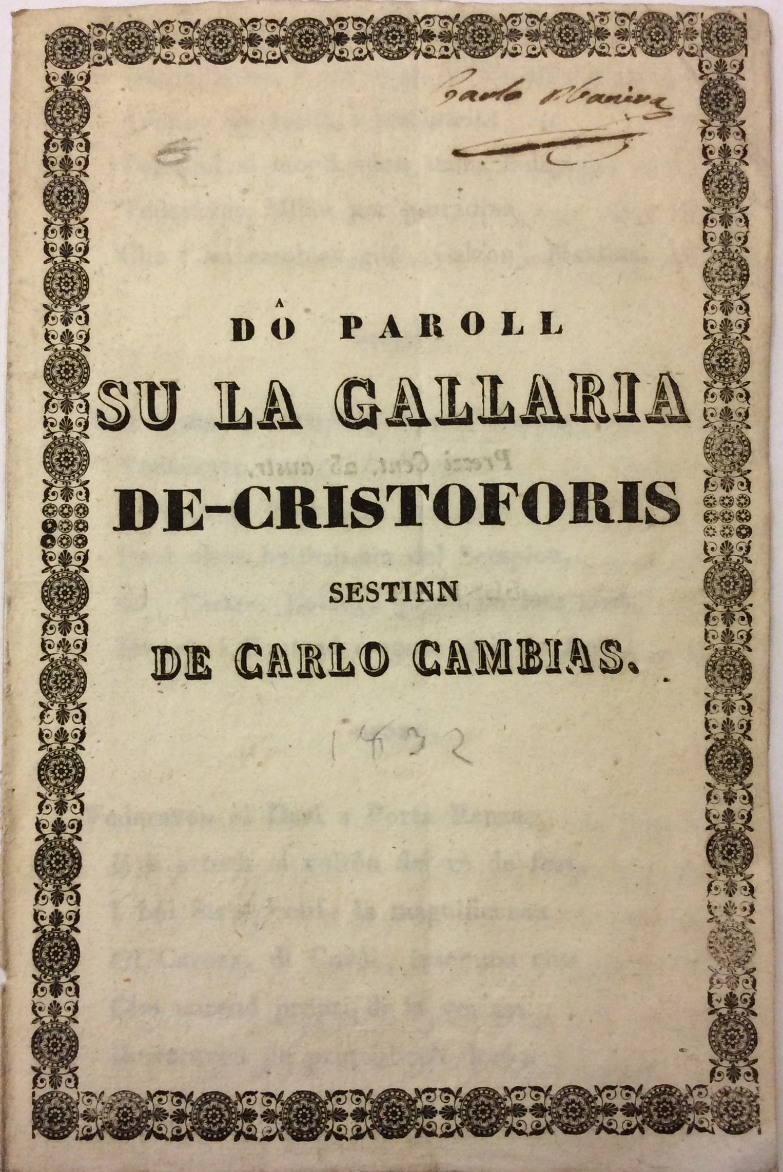 DO PAROLL SU LA GALLARIA DE-CRISTOFORIS. - Sestine.