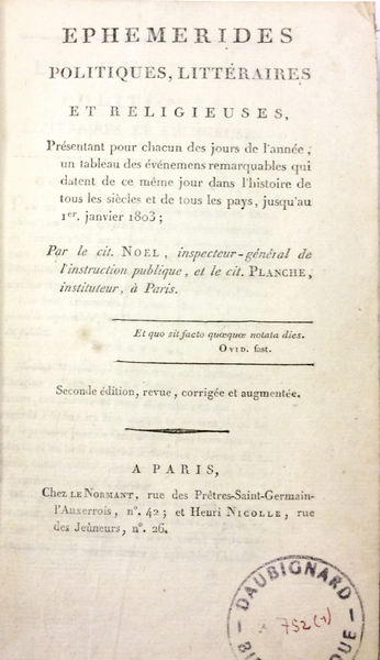 EPHEMERIDES POLITIQUES, LITTERAIRES ET RELIGIEUSES. - Seconde édition, revue, corrigée …