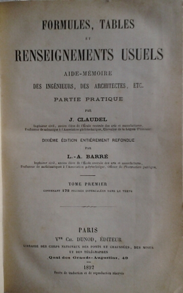 FORMULES, TABLES ET RENSEIGNEMENTS USUELS. - Aide-memoire des ingenieurs, des …