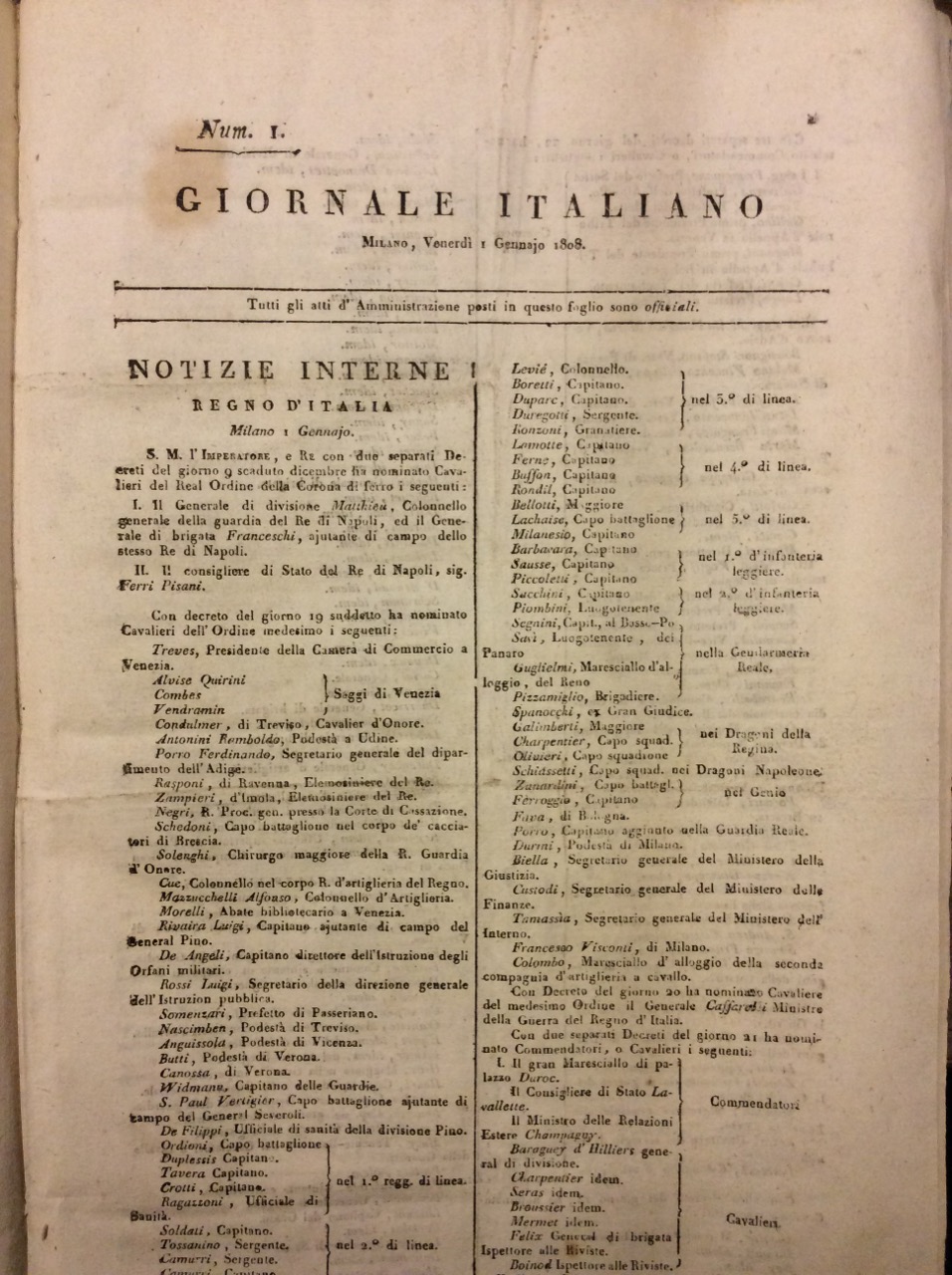 GIORNALE ITALIANO. 1808. - Tutti gli atti d'Amministrazione posti in …