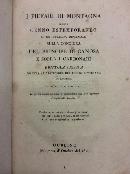 I PIFFARI DI MONTAGNA OSSIA CENNO ESTEMPORANEO DI UN CITTADINO …