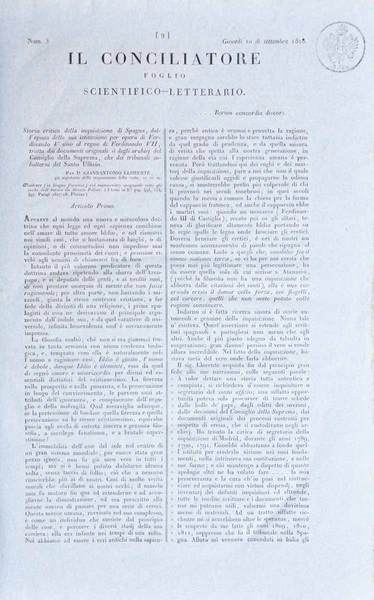 IL CONCILIATORE. - Foglio scientifico-Letterario.