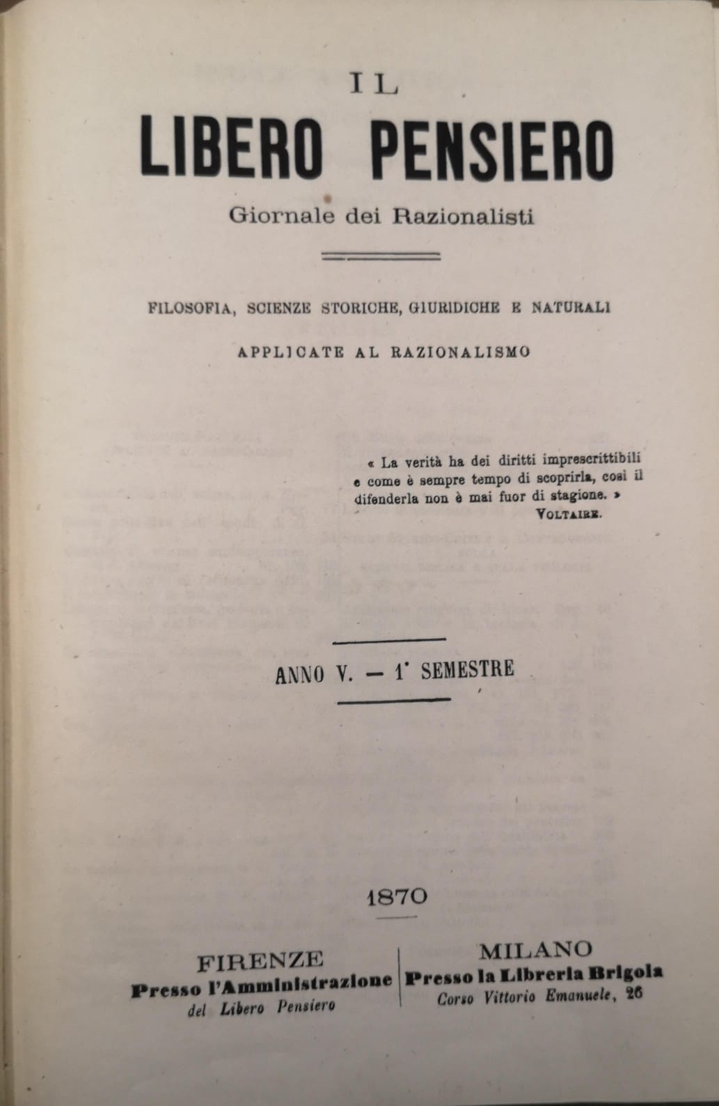 IL LIBERO PENSIERO. - Giornale dei Razionalisti. Filosofia, scienze storiche, …