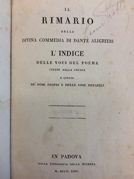 IL RIMARIO DELLA DIVINA COMMEDIA DI DANTE ALIGHIERI. - L'indice …