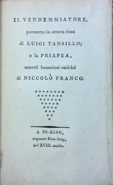 IL VENDEMMIATORE. - Poemetto in ottava rima di Luigi Tansillo; …