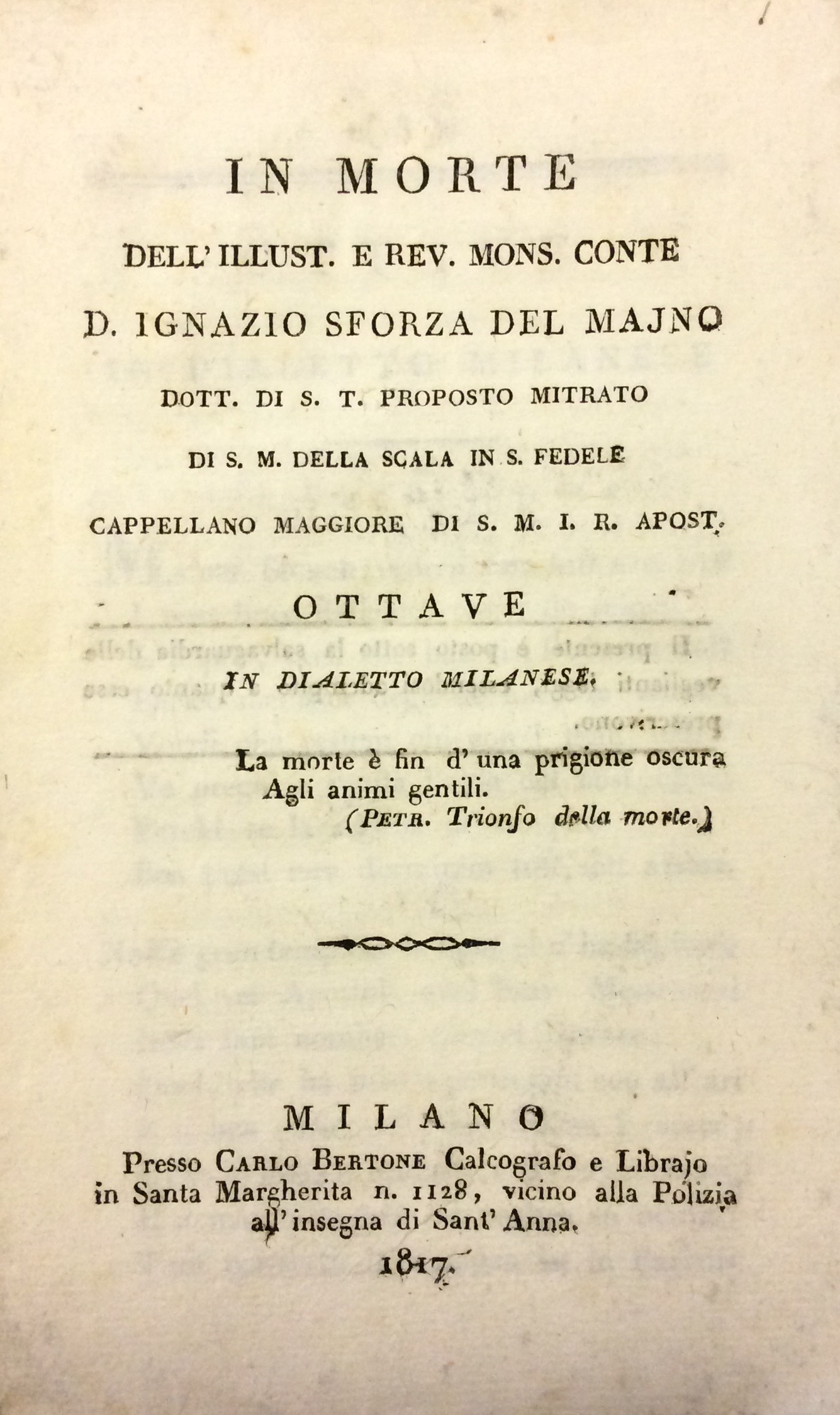 IN MORTE DELL'ILLUST. E REV. MONS. CONTE D. IGNAZIO SFORZA …