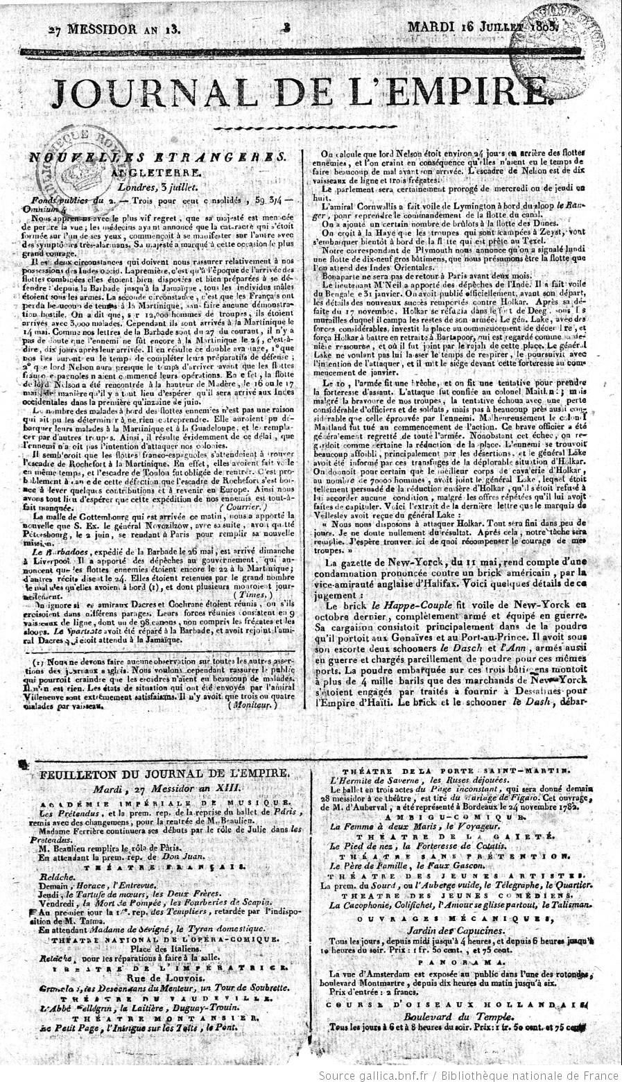 JOURNAL DES DEBATS et JOURNAL DE L'EMPIRE.