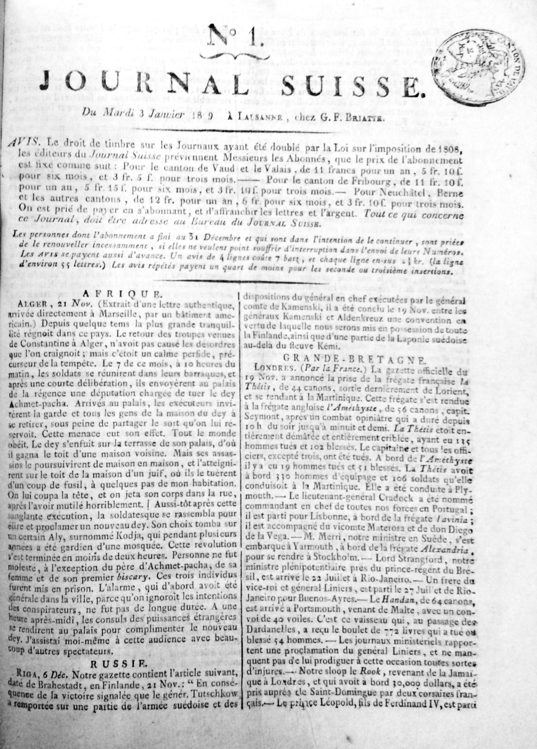 JOURNAL SUISSE - 1809. - Editore e redattore G.F. Briatt.