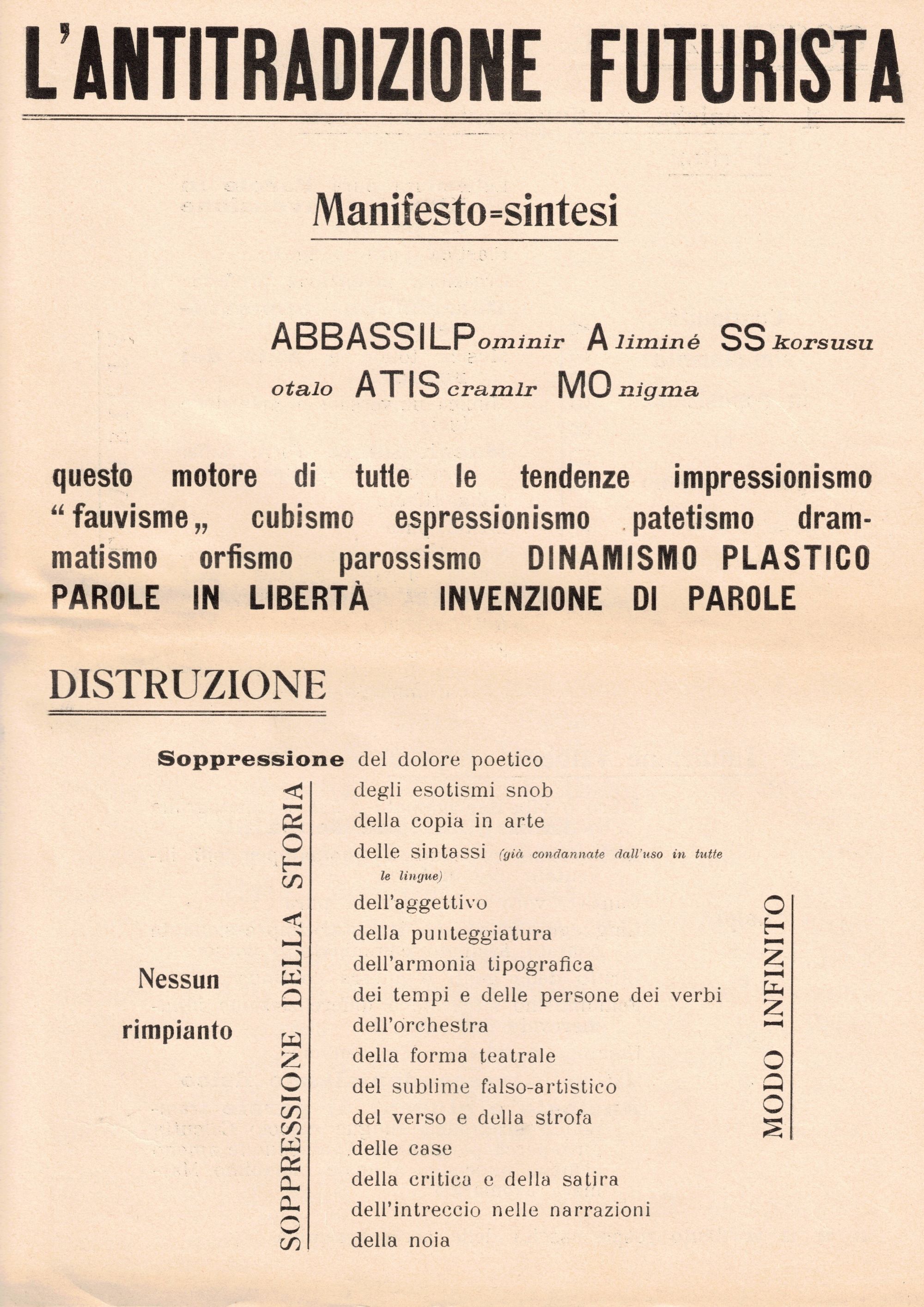 L'ANTITRADIZIONE FUTURISTA. MANIFESTO=SINTESI.