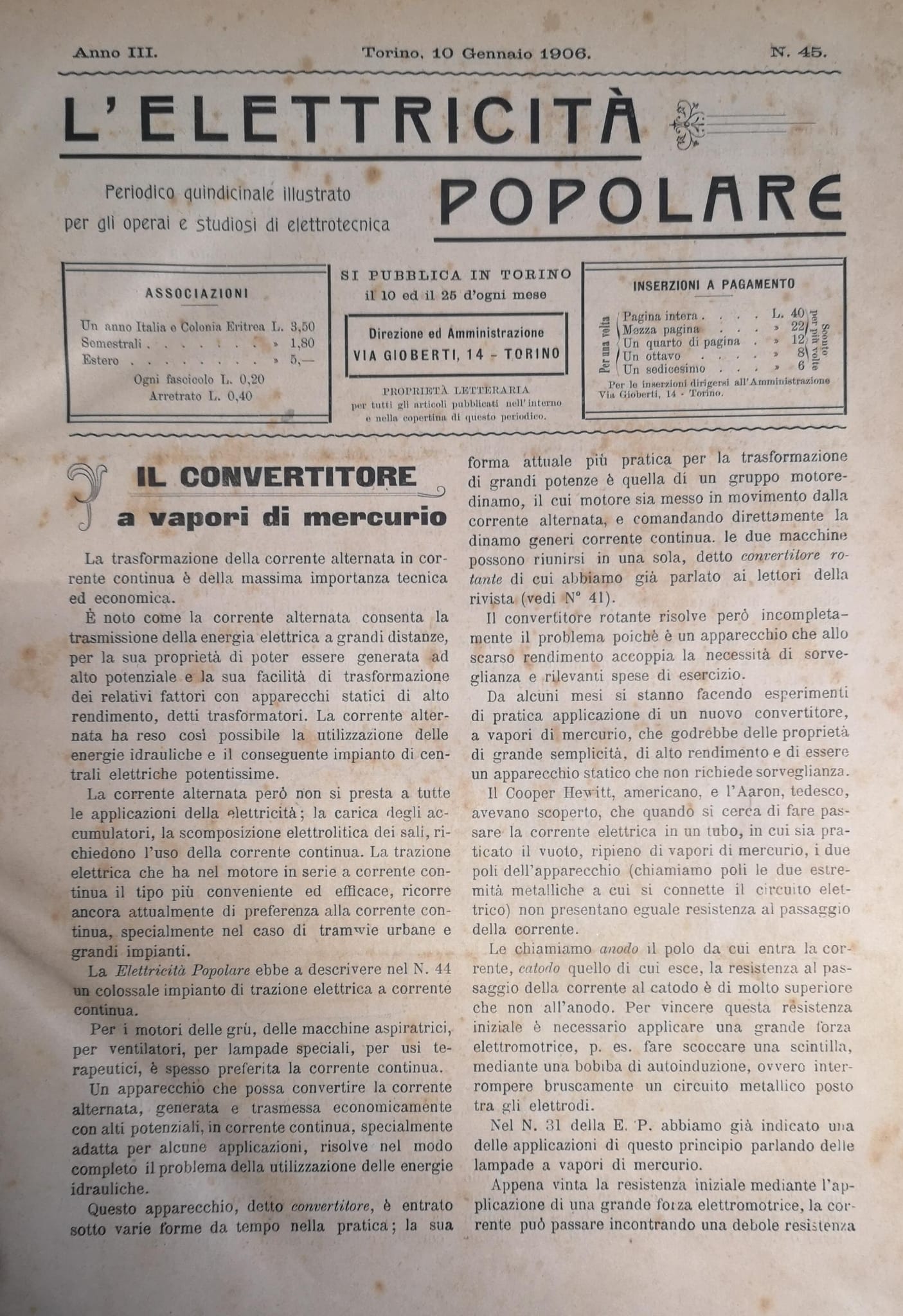 L'ELETTRICITÀ POPOLARE. Annate 1906 1907 1908. - Periodico quindicinale illustrato.