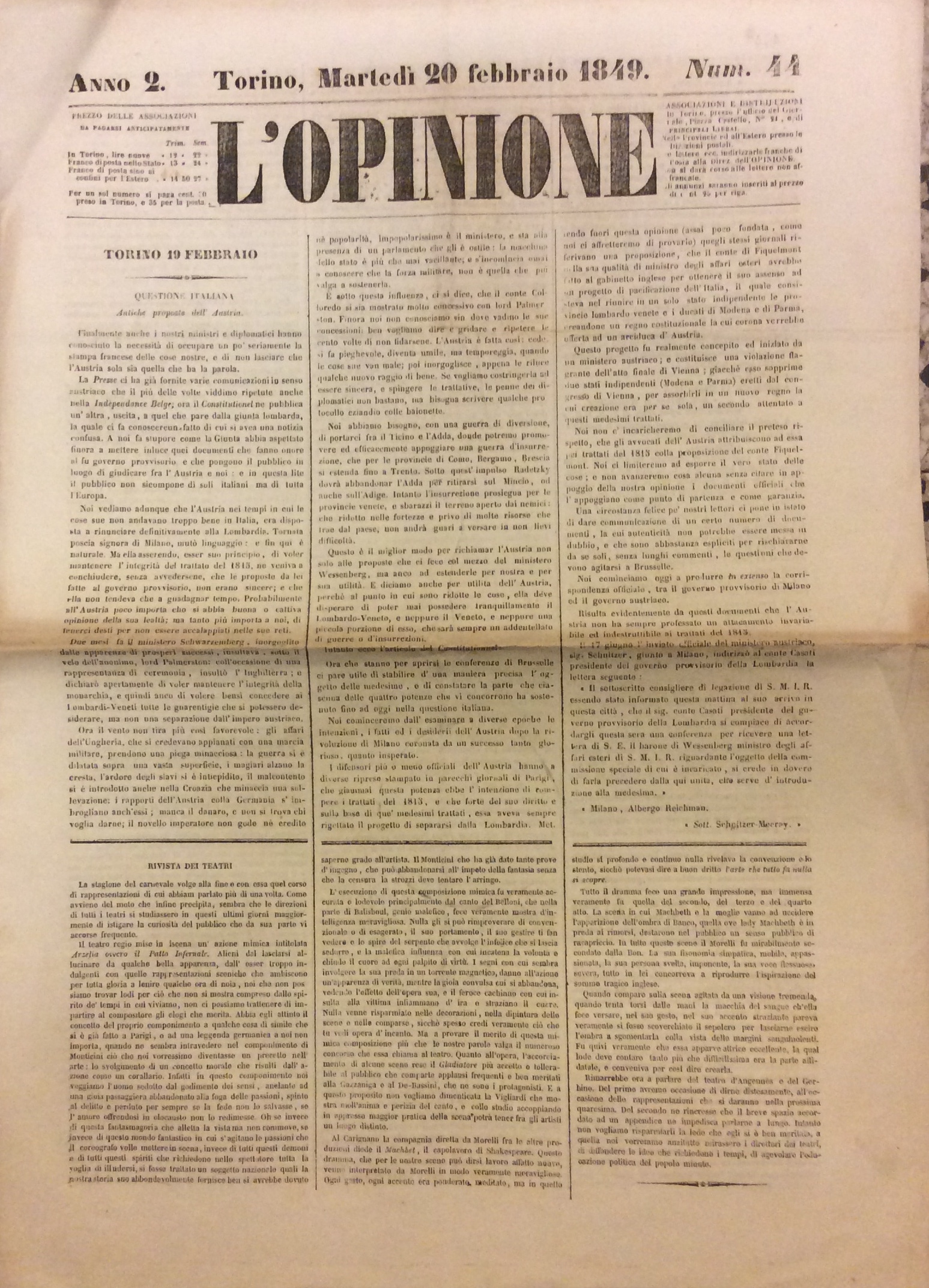 L'OPINIONE - ANNO 2, N. 44. - Martedì 20 febbraio …