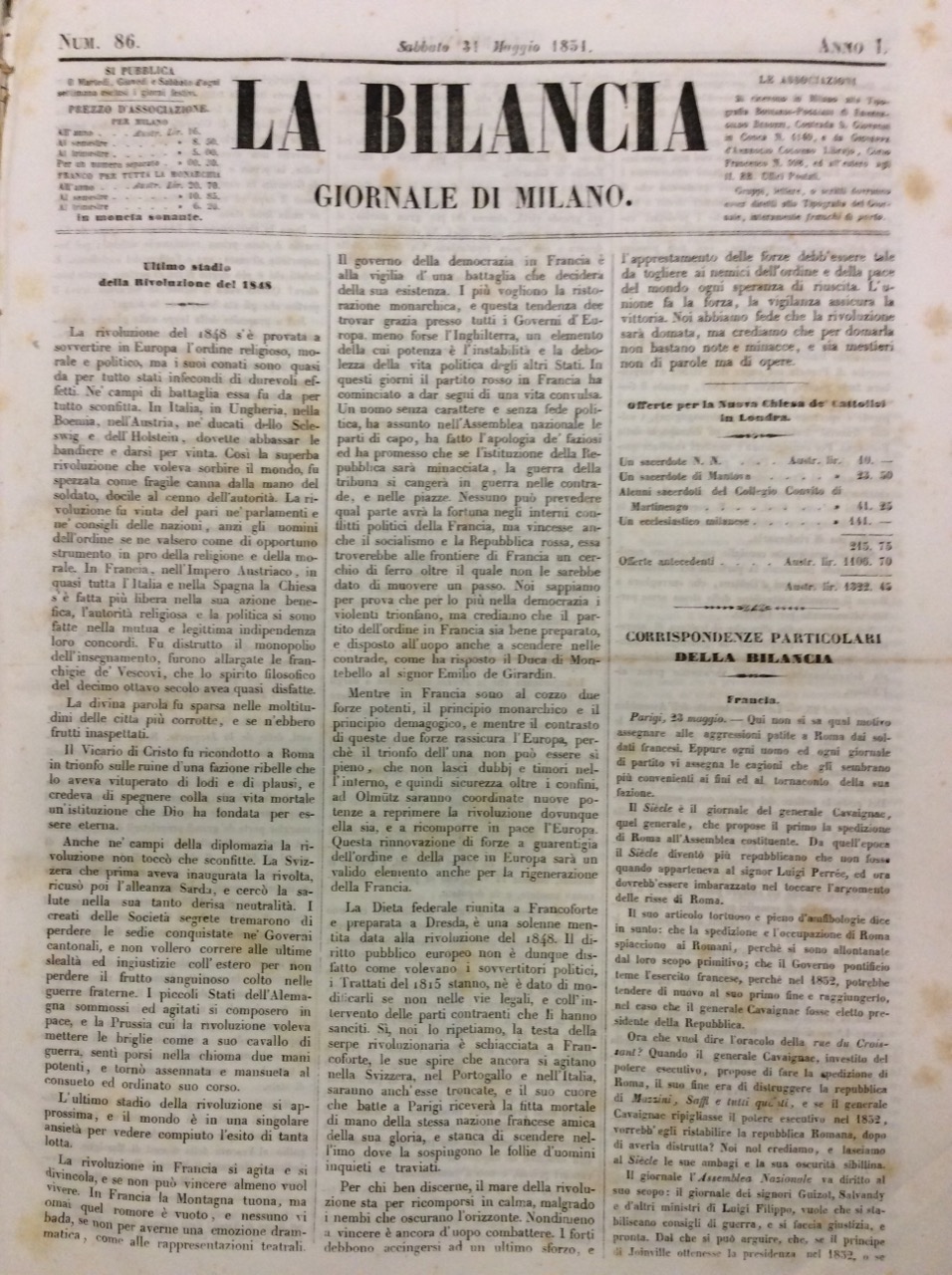 LA BILANCIA. - Giornale di Milano.