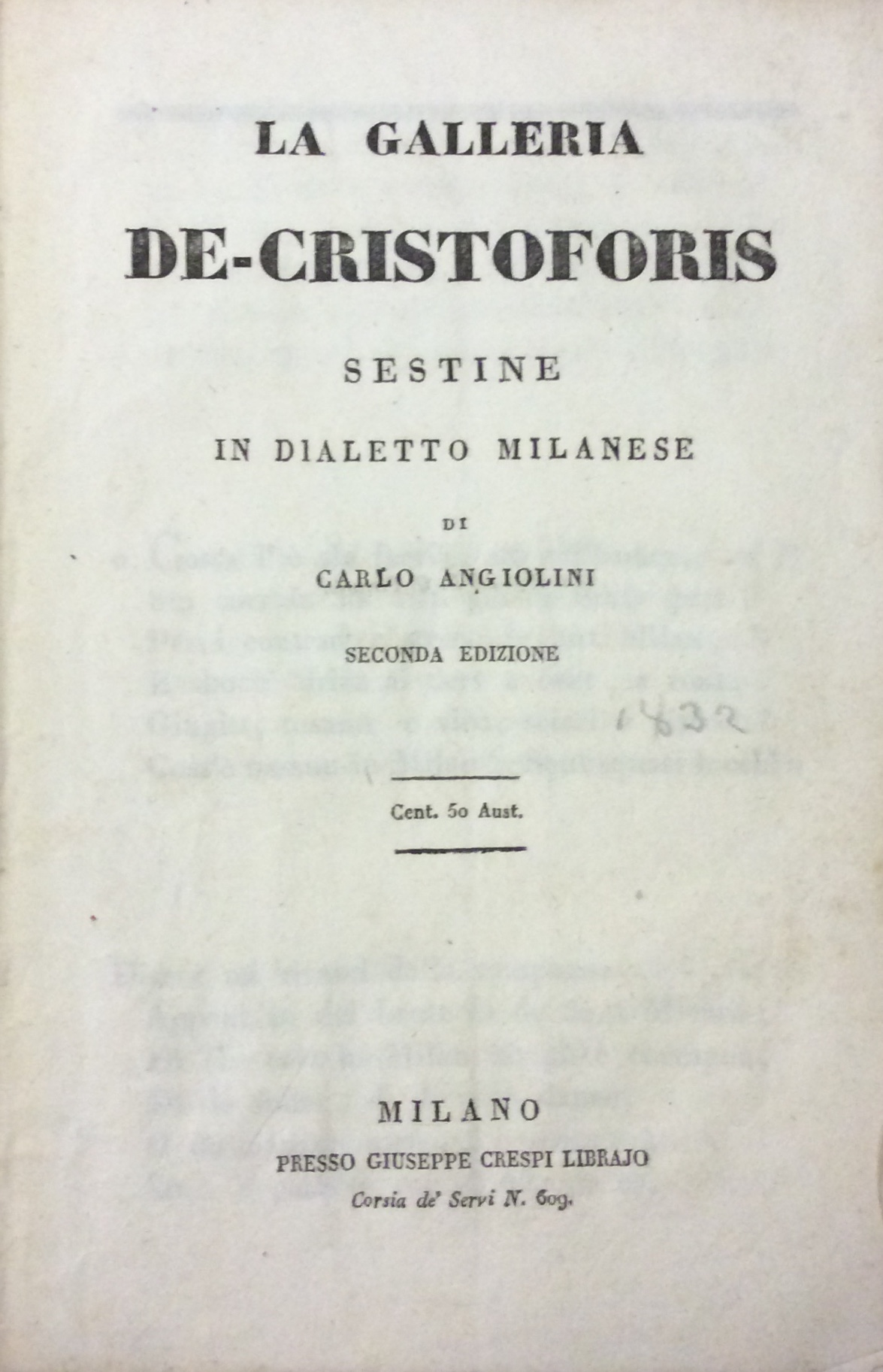 LA GALLERIA DE CRISTOFORIS. - Sestine in dialetto milanese.