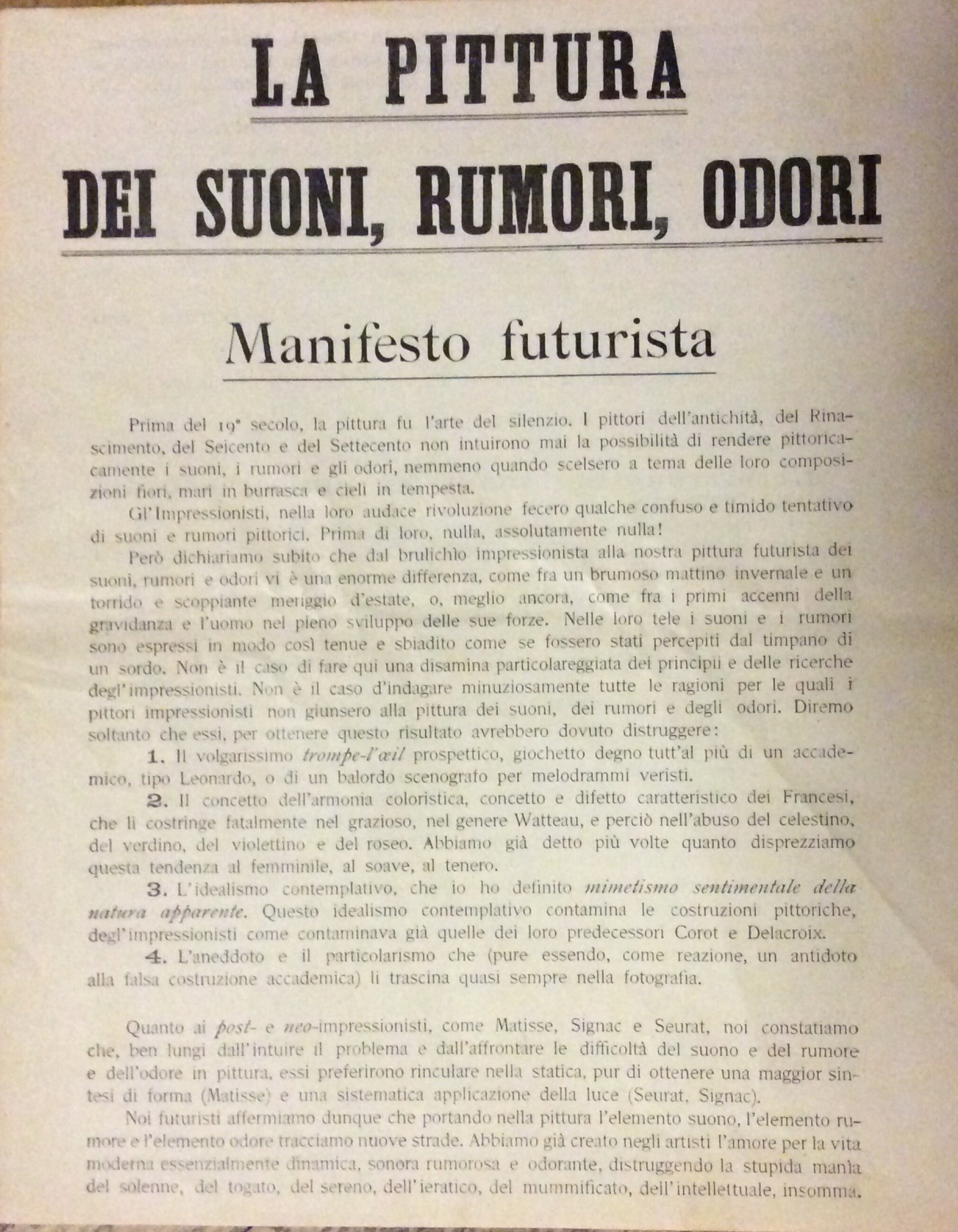 LA PITTURA DEI SUONI, RUMORI, ODORI. MANIFESTO FUTURISTA.