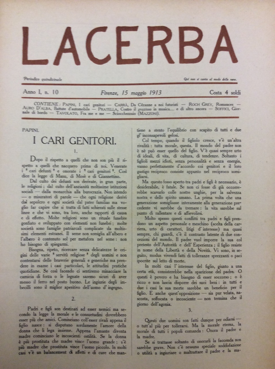 LACERBA. ANNO I - N. 10, 15 MAGGIO 1913. - …