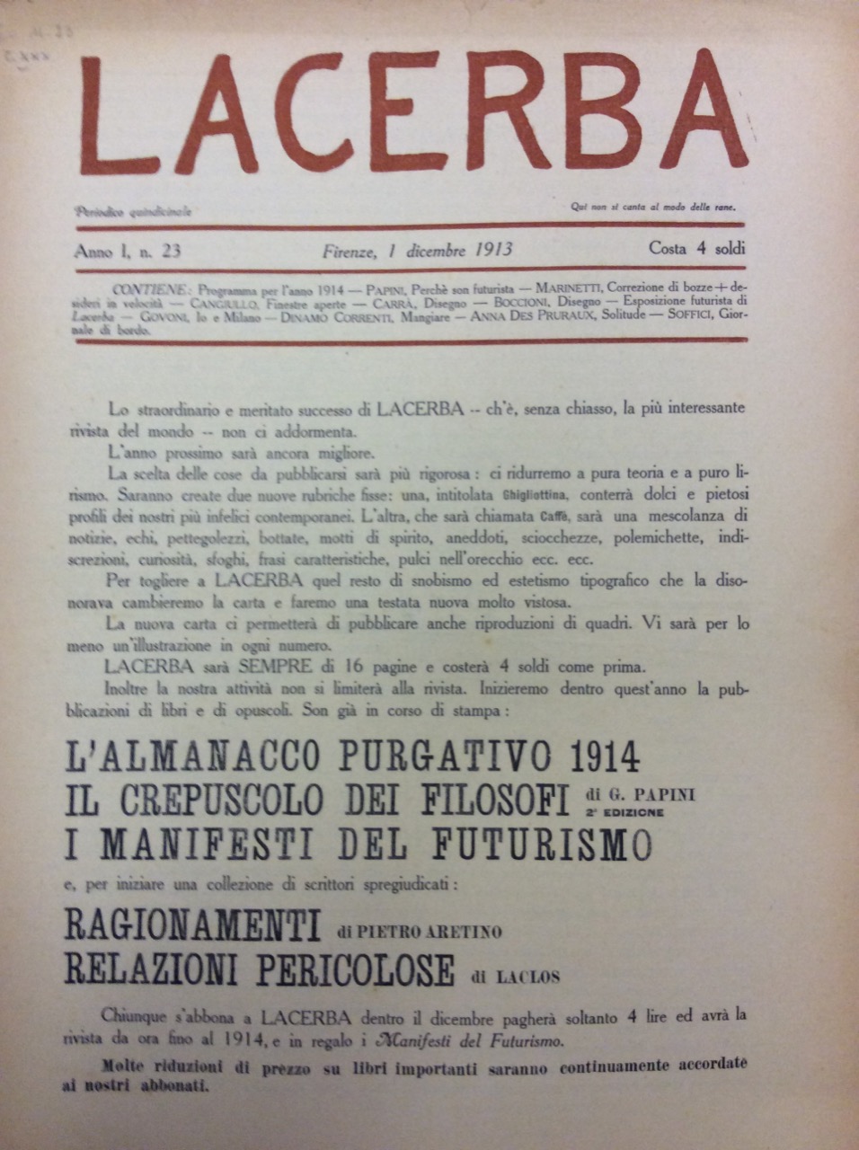 LACERBA. ANNO I - N. 23, 1 DICEMBRE 1913. - …