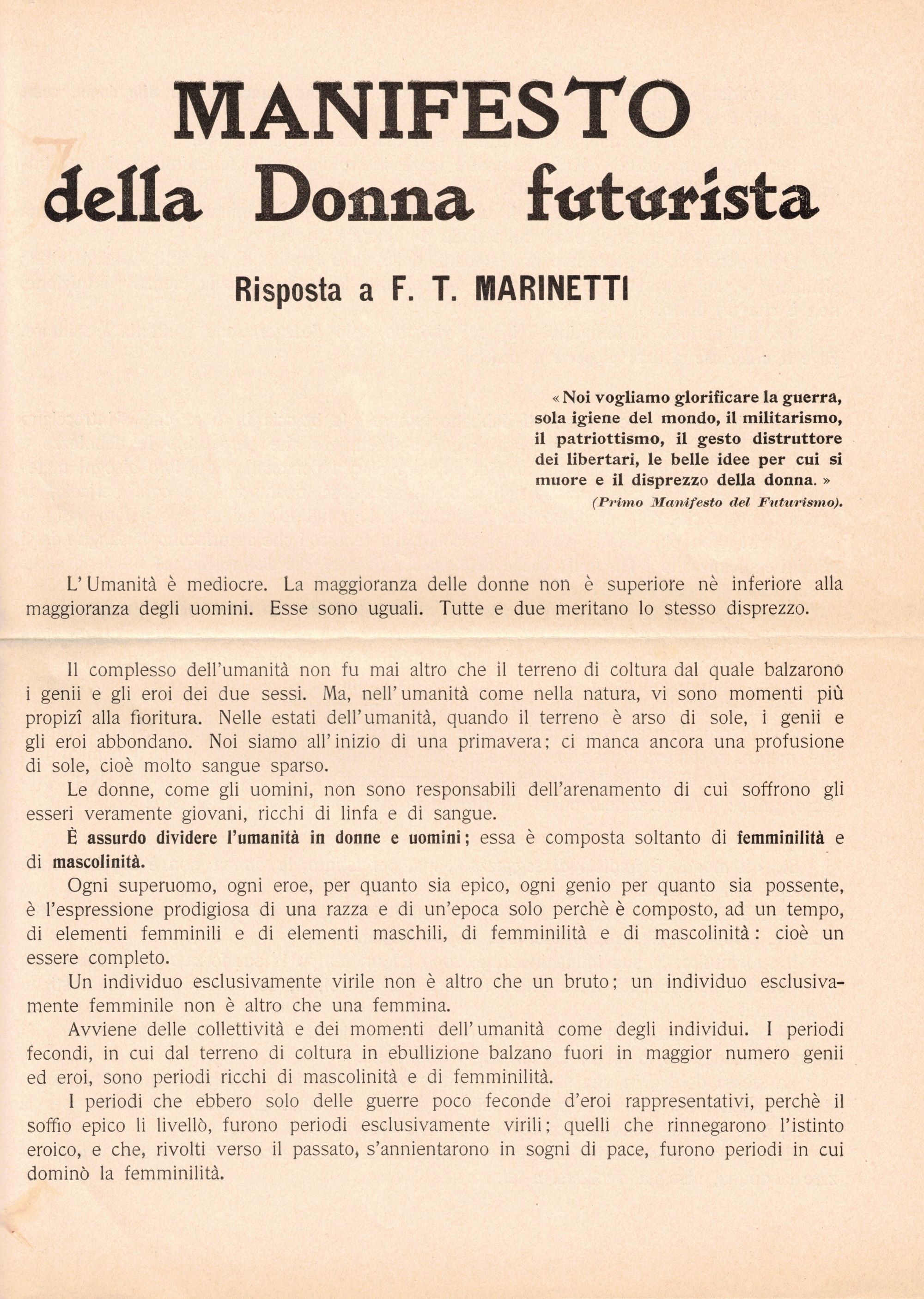 MANIFESTO DELLA DONNA FUTURISTA. - Risposta a F.T. Marinetti. Parigi, …