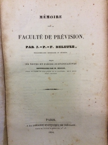 MEMOIRE SUR LA FACULTE' DE PREVISION. - Suivi de notes …
