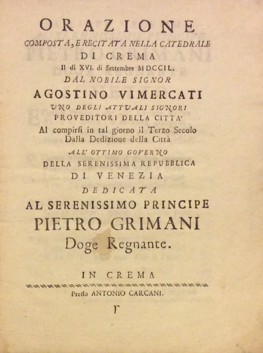 ORAZIONE COMPOSTA, E RECITATA NELLA CATEDRALE DI CREMA IL DI' …