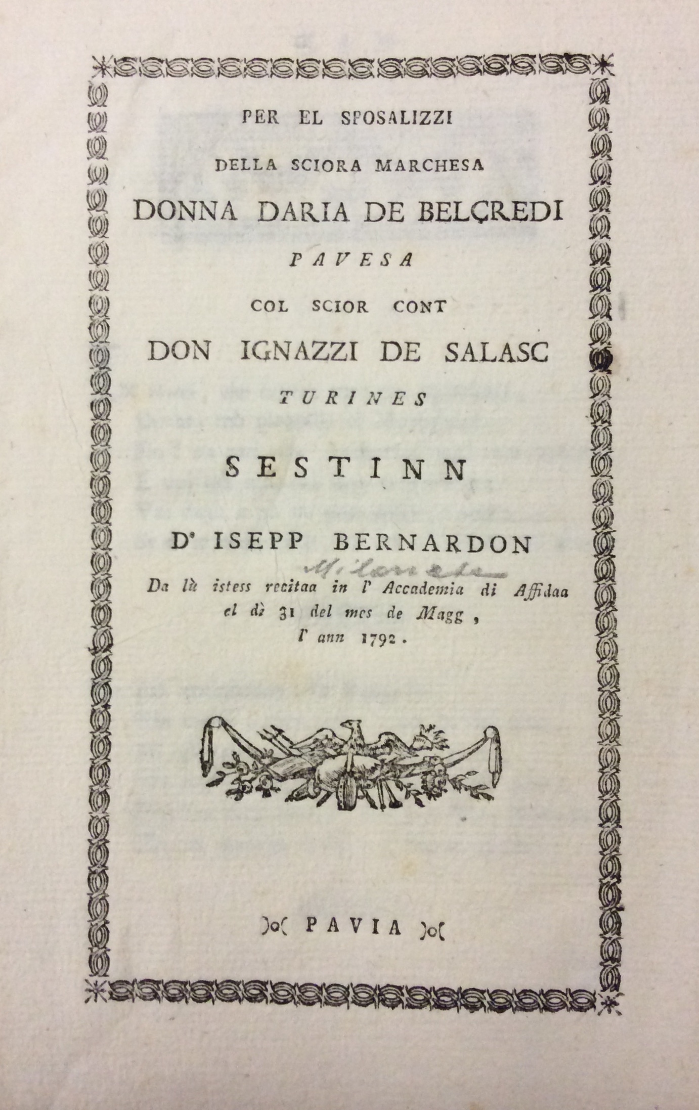 PER EL SPOSALIZZI DELLA SCIORA MARCHESA DONNA DARIA DE BELCREDI …