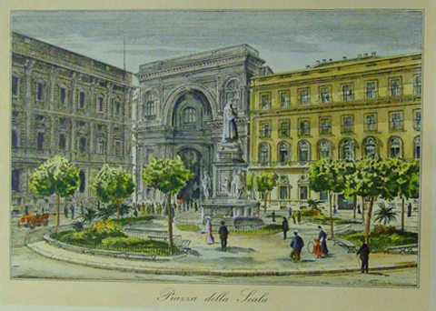 PIAZZA DELLA SCALA (MILANO). - (riproduzione di stampa d'epoca).