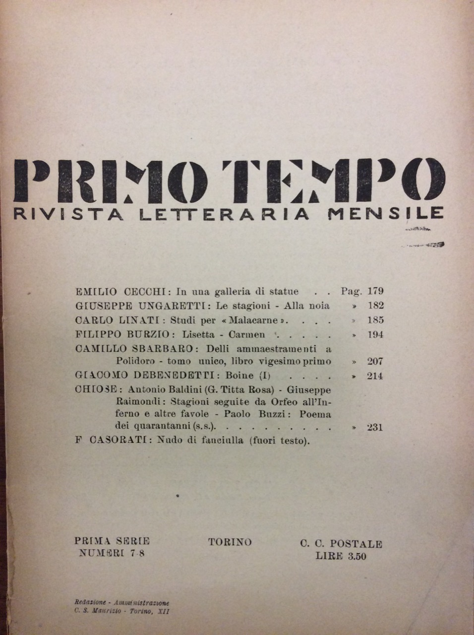 PRIMO TEMPO. NUMERI 7-8. - Rivista letteraria mensile.