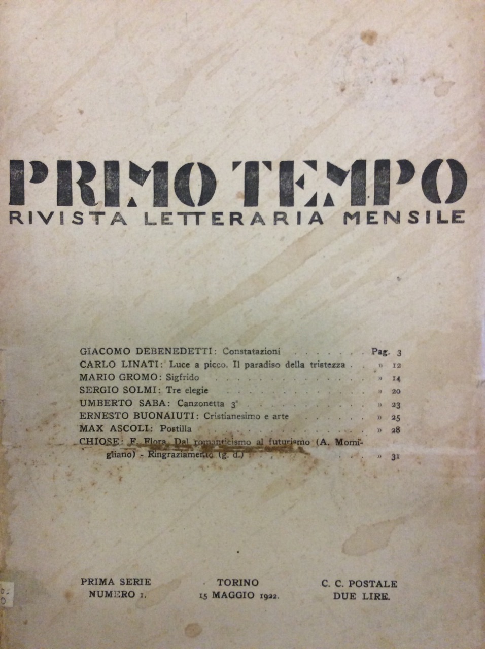 PRIMO TEMPO. NUMERO 1. - Rivista letteraria mensile.