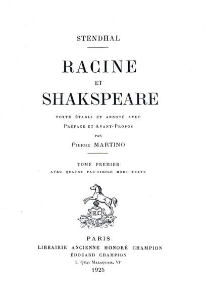 RACINE ET SHAKESPEARE. - Préface et avant-propos par P. Martino.