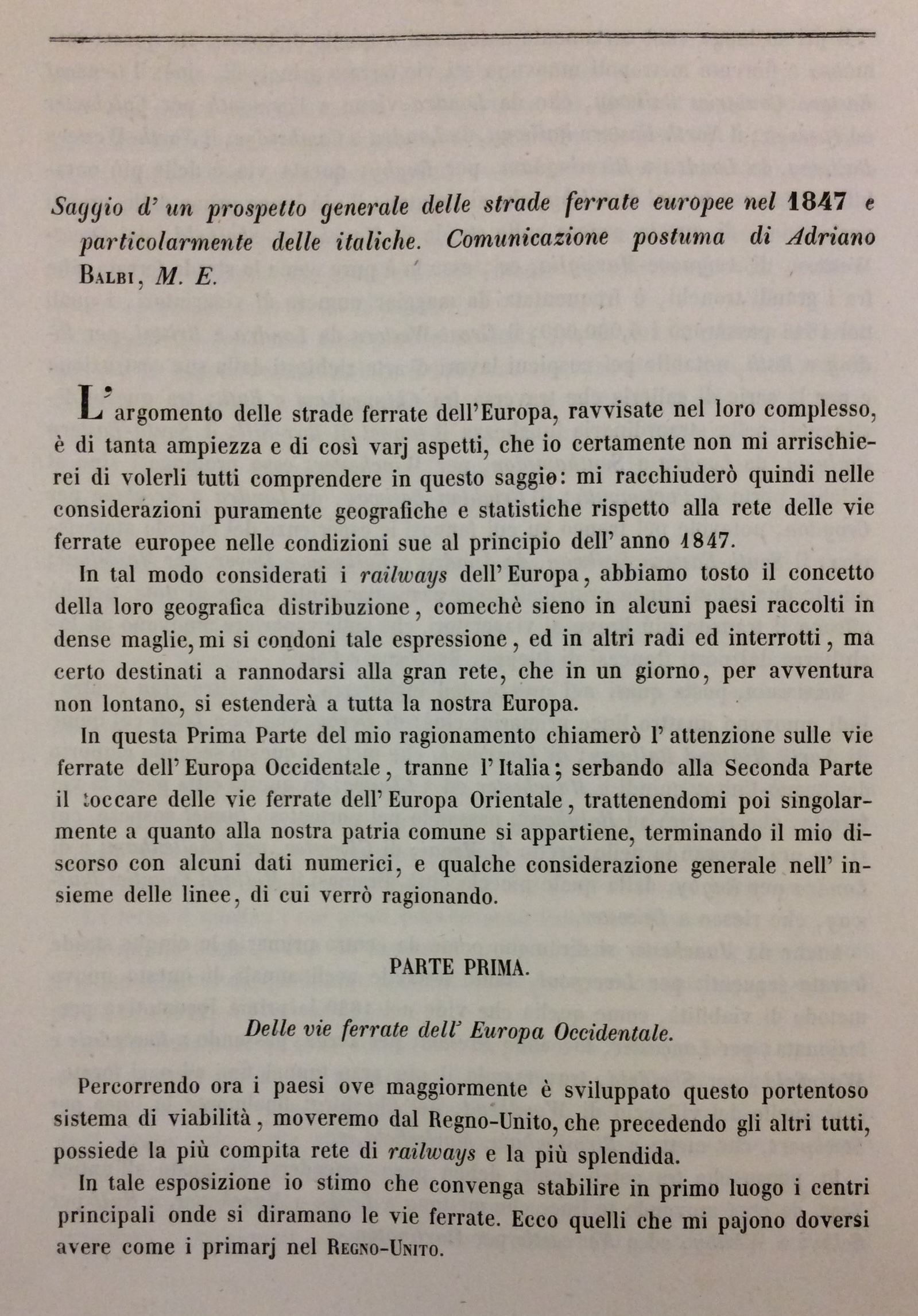 SAGGIO D'UN PROSPETTO GENERALE DELLE STRADE FERRATE EUROPEE NEL 1847 …