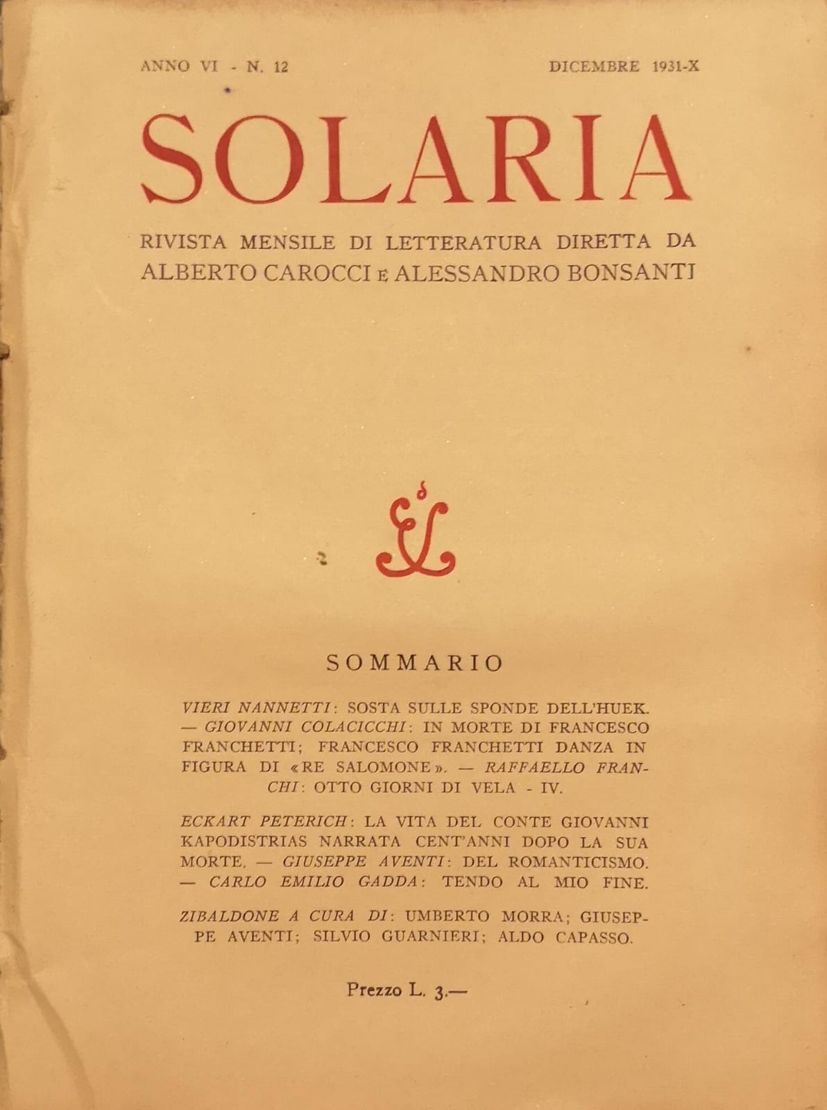SOLARIA. ANNO VI, N. 12 - DICEMBRE 1931. - Rivista …